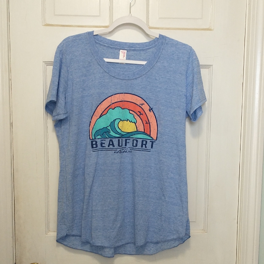 3/$12 Beaufort Graphic Tee - Light Blue with Coral & Teal Design